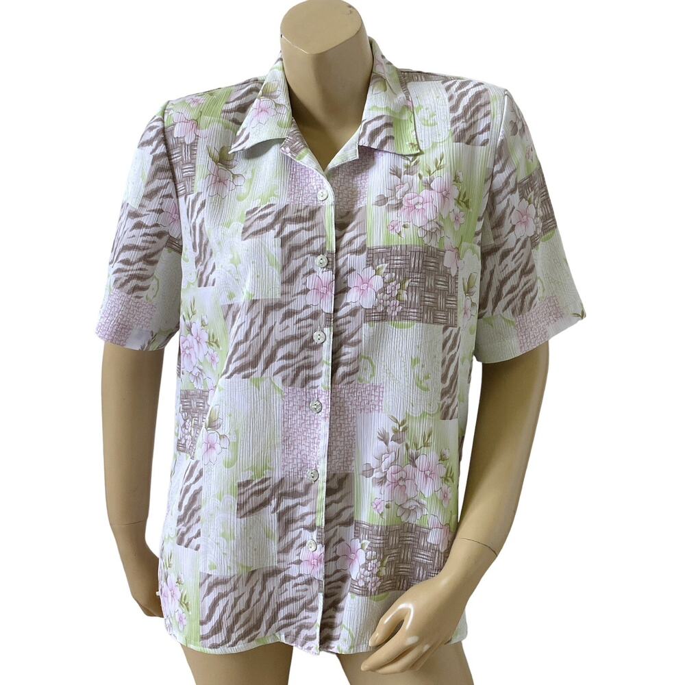 Alia Tropical Floral Button Up Shirt Womens 10 Collared Short Sleeve Lightweight